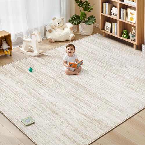 Beige 8x10 Modern Washable Non-Slip Area Rug for Living Room & Bedroom - Soft and Stain Resistant