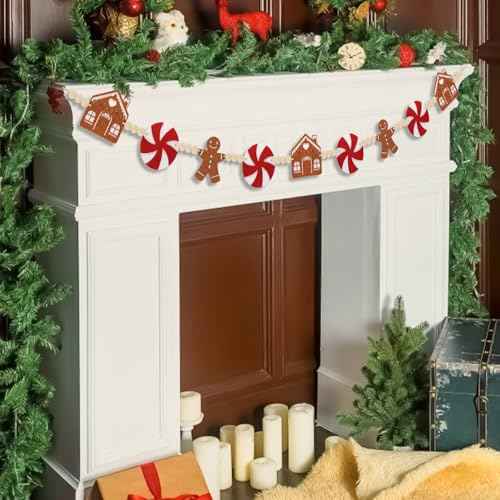 6Ft Christmas Garland - Felt Jinglebread Man & House with Wood Beads - Perfect for Indoor Decorations & Party Supply