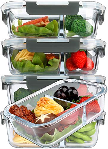 Glass Meal Prep Containers 36 oz with 2 Compartments and Locking Lids - Gray - 5 Pack