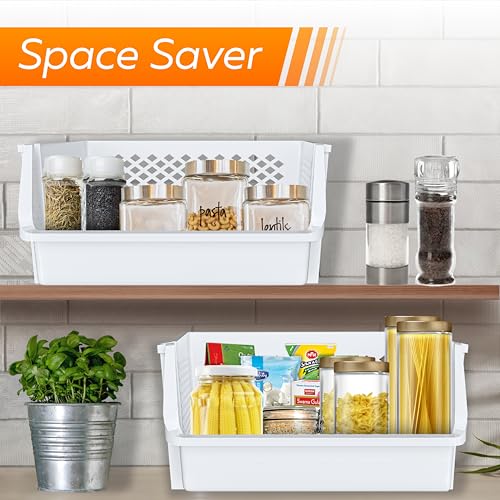 Skywin 6 Pack XL Stackable Open Front Storage Bins for Pantry & Organization – White