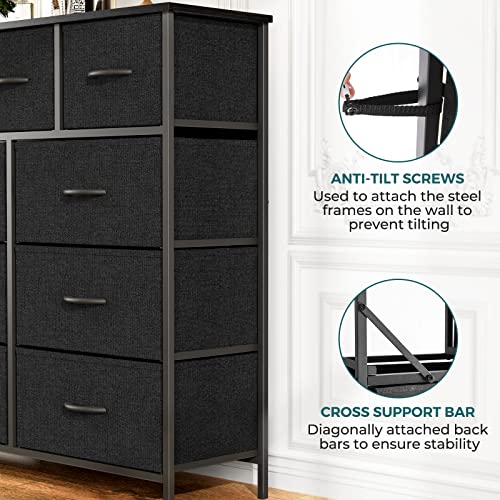 Black Fabric Dresser with 9 Drawers - Anti-Tip Storage Tower, 11.8"D x 39.4"W x 40.2"H