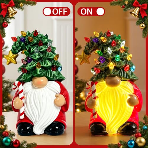 Lighted Christmas Tree Gnome Figurine - 7 Inch Table Decor with Pedestal - Resin Holiday Ornament