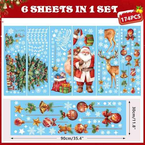 174PCS Christmas Window Clings Decorations Cute Large Christmas Tree Stickers Santa Claus Xmas Fall Window Snowflake Decal for Holiday Party Office (6 Sheets