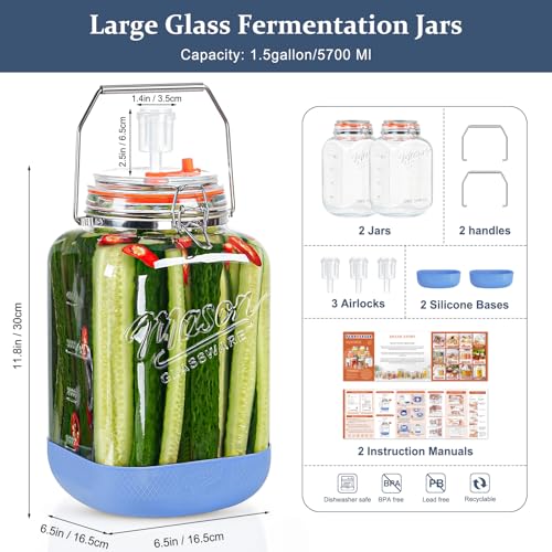 1.5 Gallon Fermentation Jar with Leak-Proof Sealing Kit for Sourdough and Pickling - Includes Handles, Airlocks, & Silicone Base