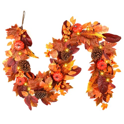 Shareconn 9ft Fall Garland with Lights & Timer - Orange Autumn Decor