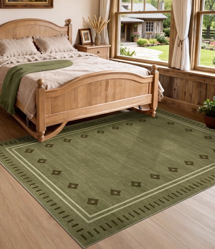 Green Diamond Bordered Bedroom Rug 5x7 - Non-Slip Washable Farmhouse Carpet for Living Room & Dining