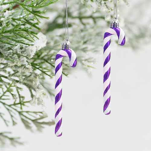 ToBeIT 12pcs Candy Canes Plastic Christmas Candy Cane Ornaments Glitter Cane Plastic Xmas Tree Hanging Ornaments Decorations Hanging for Holiday Party Decoration Favors (Purple)