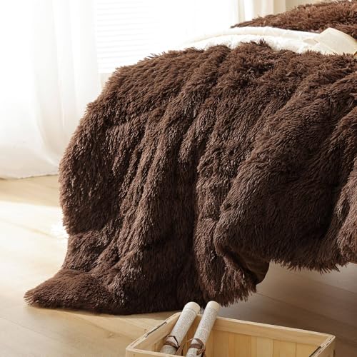 King Size Faux Fur Comforter Set - Coffee Brown, 3 Pieces, Plush & All-Season