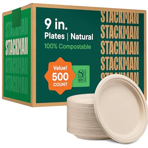 9 Inch Compostable Paper Plates - 500 Pack Heavy-Duty Biodegradable Sugarcane Plates - Natural Brown