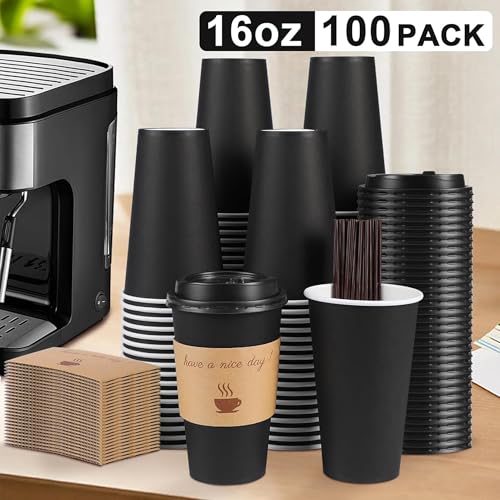 Clawsoff 100 Pack 16 oz Disposable Coffee Cups with Black Lids & Sleeves
