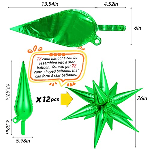 GCTWFYK 72Pcs Red Green 26in Star Foil Balloons - Explosion Cone Mylar Spike Balloons for Xmas Photo Props