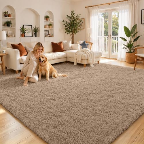 Beige 8x10 Shaggy Plush Area Rug - Large Furry Carpet for Living Room