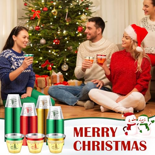 Jingmore 180 Pack Christmas 9oz Plastic Cups - Red, Green, Gold Holiday Party
