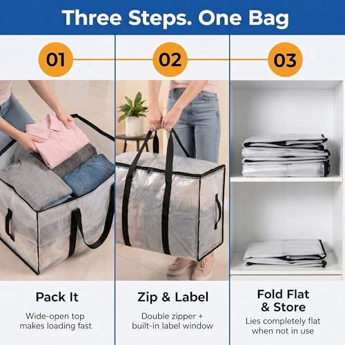 Heavy Duty Moving & Storage Bags with Lids - 12 Pack, Clear, 29" x 13" x 14" - Large Capacity, Reusable Organizers