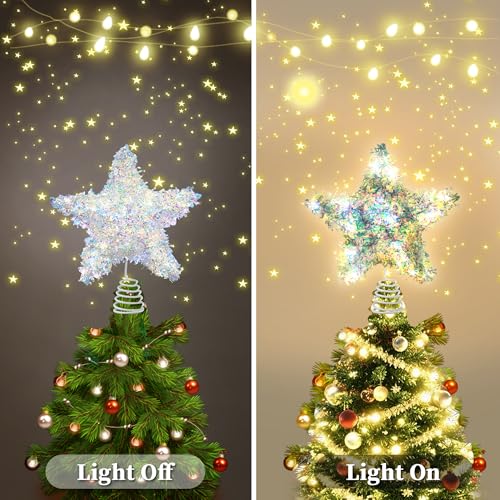 Iridescent Christmas Tree Topper Star - 6 Inch Shiny Holiday Decor with Timer & Warm Lights