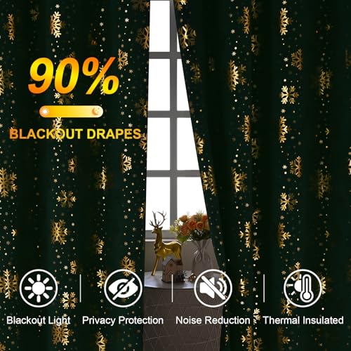 Yinhua 52"x84" Green Velvet Curtains with Gold Snowflake Foil, 2 Panels, Blackout Thermal Drapes