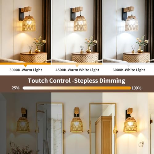 Rattan Battery Wall Sconce 2 Pack, Remote Dimmable, Matte Black