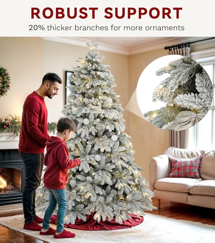 DWVO 7.5ft Pre-lit Snow Flocked Christmas Tree with Remote Control, 1687 Tips & 330 Lights