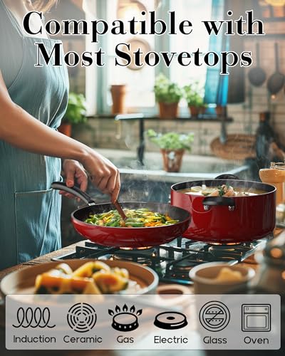 Marble Red Cook N Home 8/9.5/11-Inch 3-Piece Nonstick Frying Pan Set, Induction Compatible
