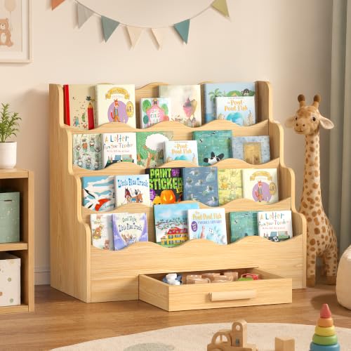 4-Tier Montessori Kids Bookshelf with Scalloped Edges and Drawer