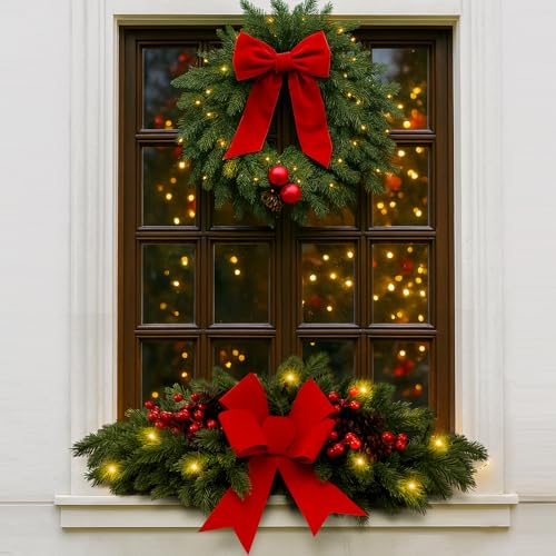 Yalikop 24.5 Inch Christmas Swag with Lights, Red Bow & Berry Decoration