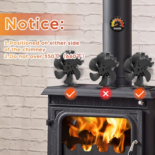 Large Heat Powered Wood Stove Fan for Fireplace & Log Burner - Silent, Thermo-Operated, Aluminum Blade, with Thermometer