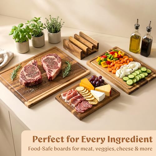 EDELHAUS Acacia Wood Cutting Boards Set of 3 with Juice Groove & Non-Slip Feet — Single-Sided