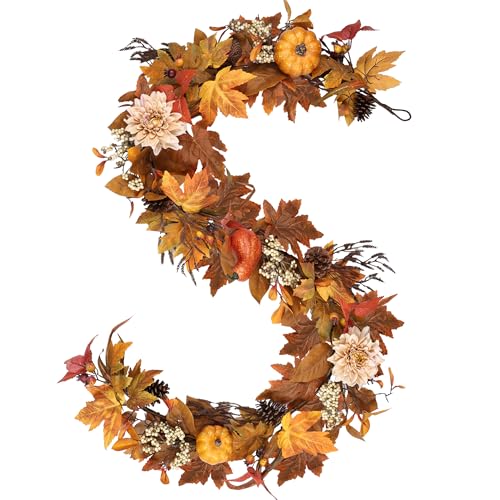 6Ft Autumn Leaf Garland with Pumpkins Berries Pinecones Fall Decor for Home & Porch