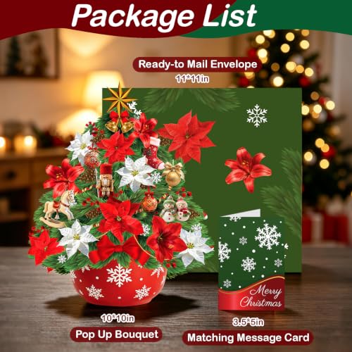 XUNXMAS 10-Inch 3D Pop-Up Christmas Card with Light & Music - Poinsettia Bouquet, Holiday Greeting, Christmas