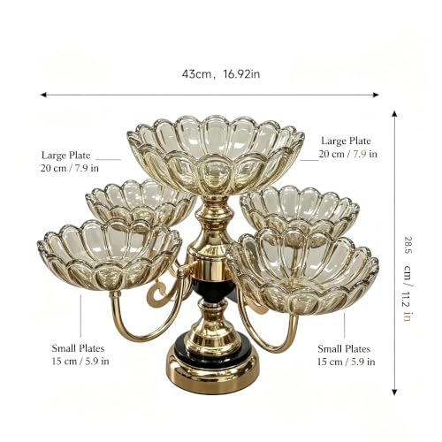 Rotatable 5 Plate Amber Glass Fruit Serving Stand with Gold Metal Frame