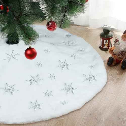 Christmas Tree Skirt 30 Inches Double Layers Silver Sequin Embroidered Snowflakes Tree Skirt White Luxury Faux Fur Christmas Decorations Holiday Party Decoration