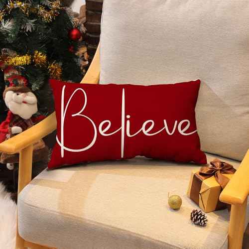 Christmas Throw Pillow Covers 12x20 Inch Merry Christmas Farmhouse Decorations Believe Holiday Decor Throw Cushion Case for Home Couch