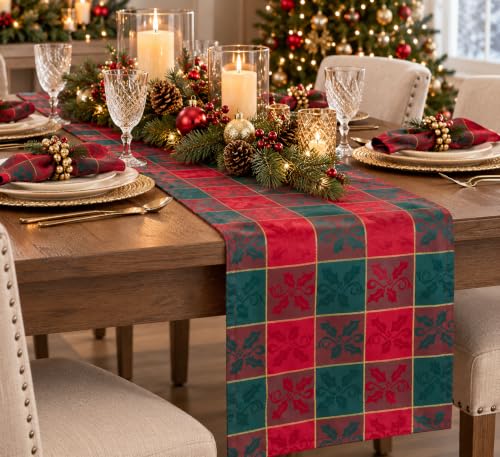 Red Green Plaid Christmas Table Runner 14 x 108 inch Holiday Jacquard with Gold Accents