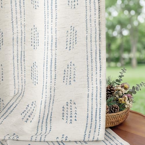 Boho Linen Curtains 52 W x 84 L - Blue Grommet Top 2 Panels - Farmhouse Style