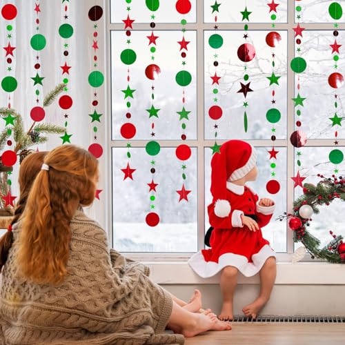 JijAcraft 52ft Christmas Glitter Star Garland – Green & Red Hanging Banner