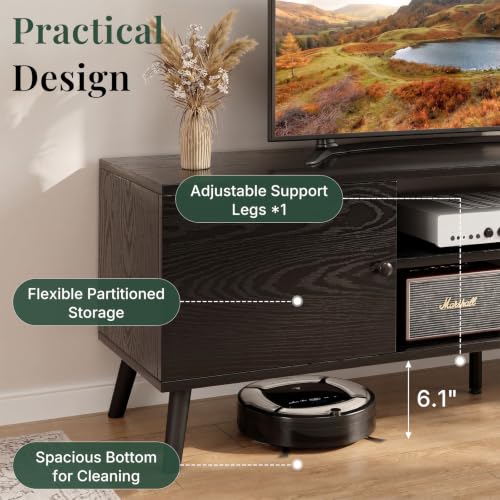 Black TV Stand for 55-60 Inch TVs Modern Mid Century Media Console with Storage - 18.9W x 53.5L x 15.7H