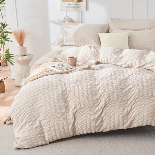 Queen Comforter Set - 7-Piece Seersucker Bedding in Beige, 88x88 Inches - Bed in a Bag with Deep Pocket Fitted Sheet