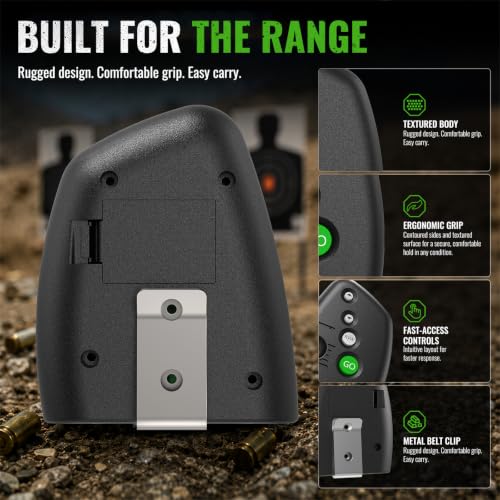 Shot Timer for Shooting Competition Green - Loud 110dB Buzzer, Par & Split Times, Belt Clip, Ergonomic Design