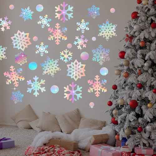 Fuutreo 60 Pcs Christmas Snowflake Snowball Cutouts Iridescent Paper Snowflakes Decorations Holographic Winter Decorations Double-Sided Snow Flakes Garland with 100 Glue Points
