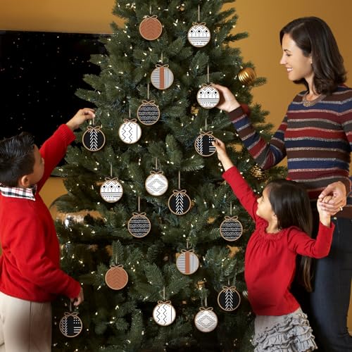 Gerrii 24 Pack Christmas Boho Ornaments Wooden Christmas Round Ornaments with Bow Xmas Hanging Sign Farmhouse Holiday Supplies Gifts for Xmas Tree Decoration(Aztec)