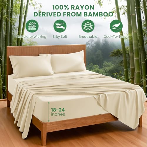 Beige Bamboo Rayon Sheet Set 4Pcs King Extra Deep Pocket Luxury Bedding