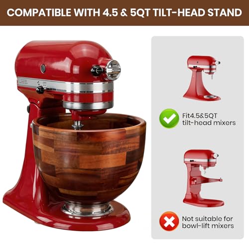 Wood Mixing Bowl for KitchenAid 5QT - Acacia Wooden Batter & Dough Bowl with Stainless Steel Locking Base