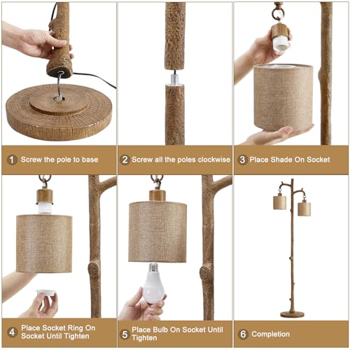 Brown Farmhouse Floor Lamp with 2 Reading Lights - Rustic Tree Trunk Style - 69 Inch Standing Lamp for Living Room & Bedroom
