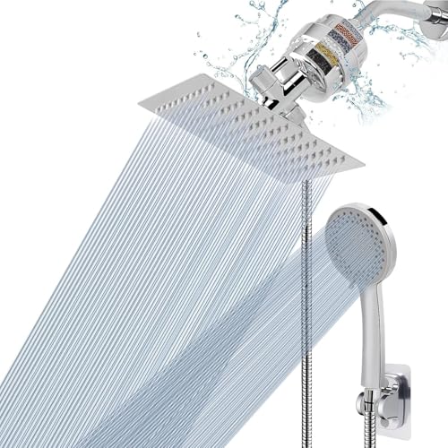 NearMoon Chrome Filtered Shower Head Kit - High Pressure 8" Square, 5 Settings Handheld with Hose & Self-Adhesive Holder