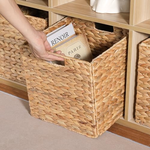 DINGTAI Water Hyacinth Storage Baskets - 12x12x12in Foldable Cubes for Shelves, Set of 3, Wicker Organizers for IKEA Kallax