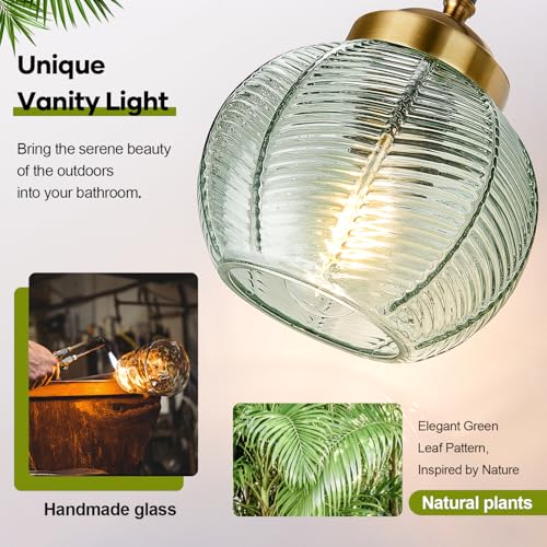 MOKATNG Green Leaf Textured Glass Bathroom Vanity Light - 3-Light Wall Fixture, Modern Matte Black & Gold Finish