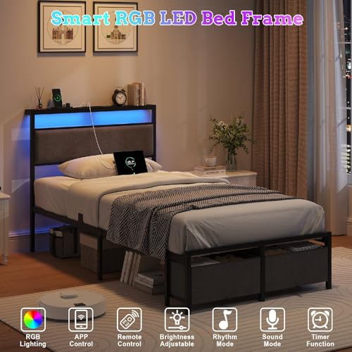 Twin Size Storage Bed Frame with 2 Fabric Drawers and Charging Station