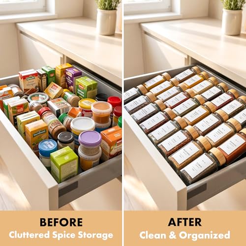 Glass Spice Jars with Bamboo Lids and White Labels - 24 Pack