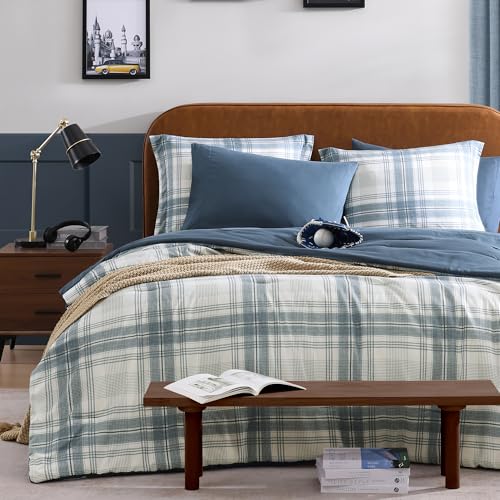 Blue Grey Full Size Plaid Comforter Set 7 Pieces Farmhouse Bed in a Bag