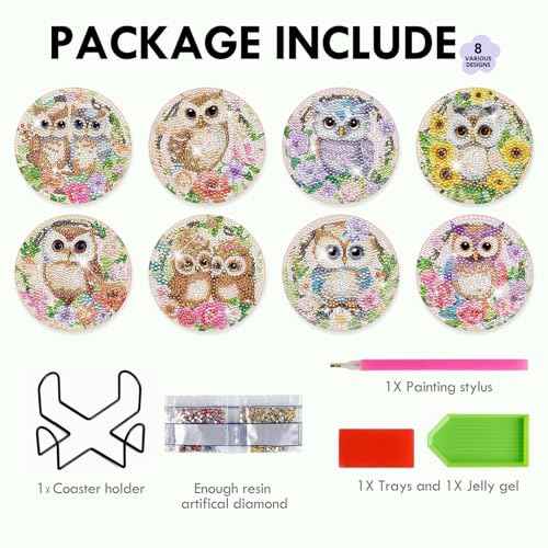 Diamond Painting Coasters Kit - 8 PCS Owl Diamond Art Kits for Adults Crafts Set for DIY Flower Coasters with Holder Table Home Decor Christmas Birthday Gift for Beginners Adult